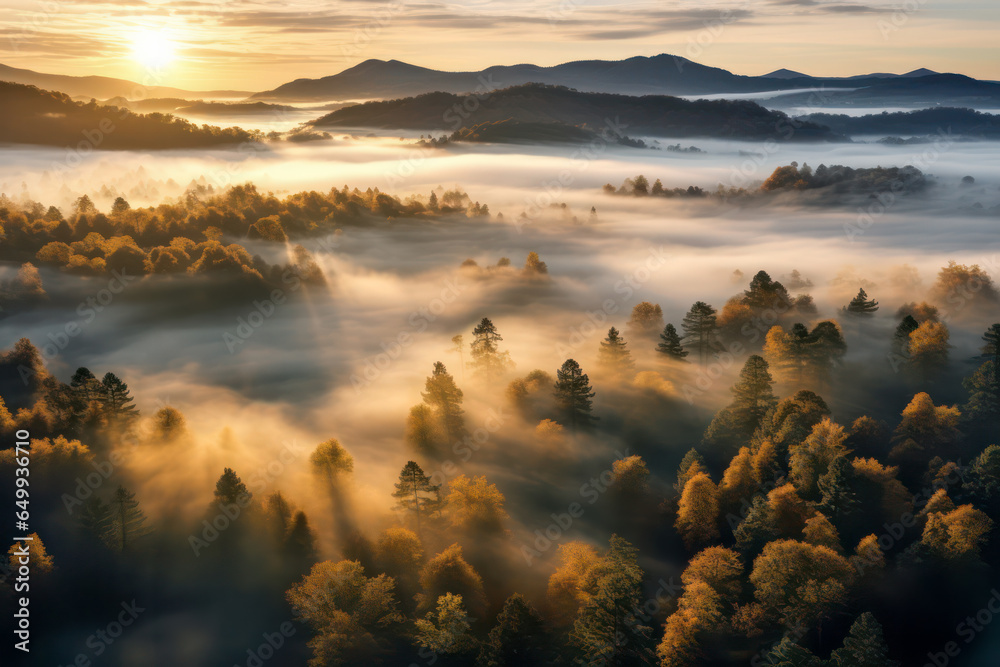 Beautiful autumn forest sunrise with fog
