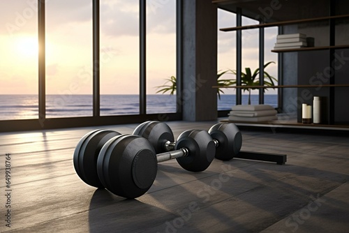 Render of dumbbells on table in fitness room with training equipment in background. Generative AI
