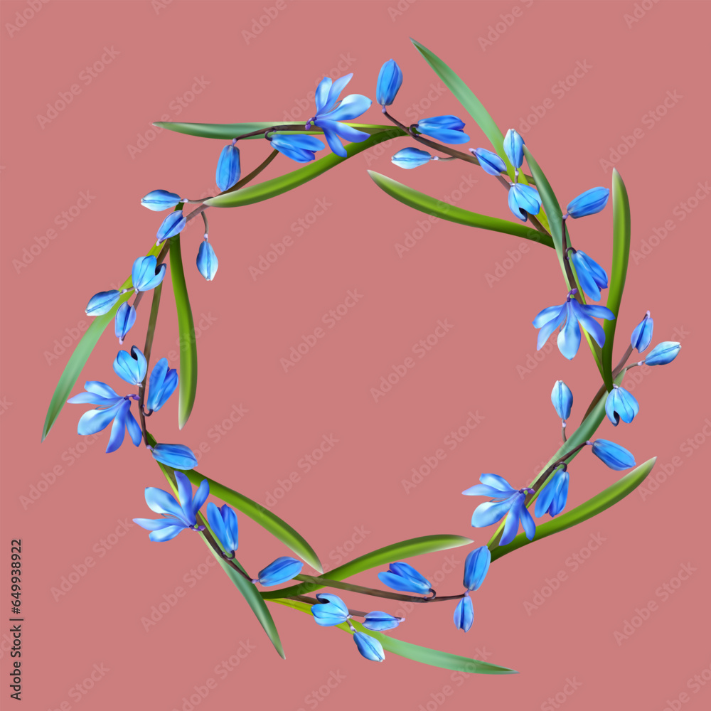Obraz premium Wreath, frame of blue snowdrops on a pink background 