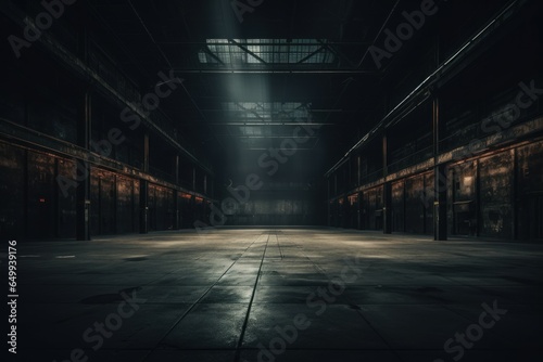 Abandoned Dark empty warehouse. Hall inside floor. Generate Ai