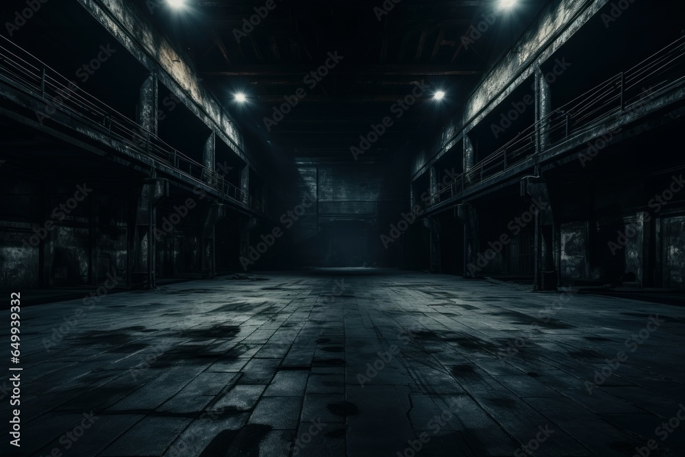 Dilapidated Dark empty warehouse. Hall inside floor. Generate Ai