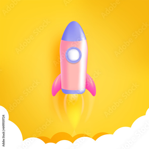 3D rocket flying in space. Spaceship rocket icon on yellow background. Space rocket cartoon for launch business concept.