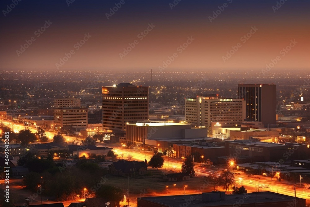 Twilight view of downtown skyline, Bakersfield, California, USA. Generative AI