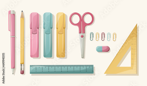 School elements, basic office. Set of vector illustrations for study. Pink colors, design for girls.