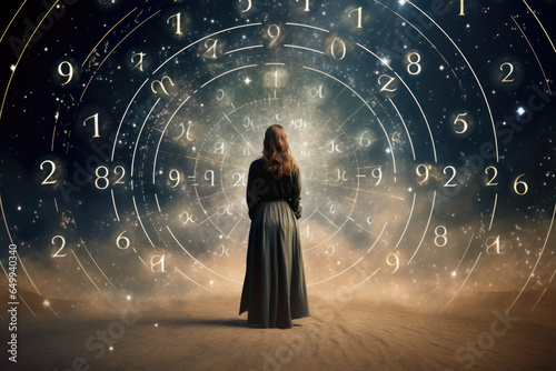 Woman Standing on Dessert Surrounded by Magic Numbers, Fortune Teller,  Numerology, Predict Future Concept photo