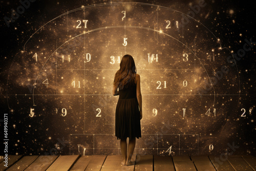 Woman Standing on Wooden Floor Surrounded by Magic Numbers, Fortune Teller, Numerology, Predict Future Concept photo