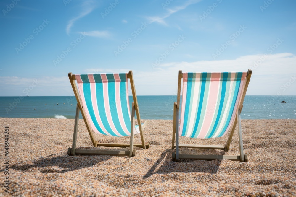 Portable Beach chairs umbrella. Sunset tropical resort. Generate Ai Portable Beach chairs umbrella. Sunset tropical resort. Generate Ai