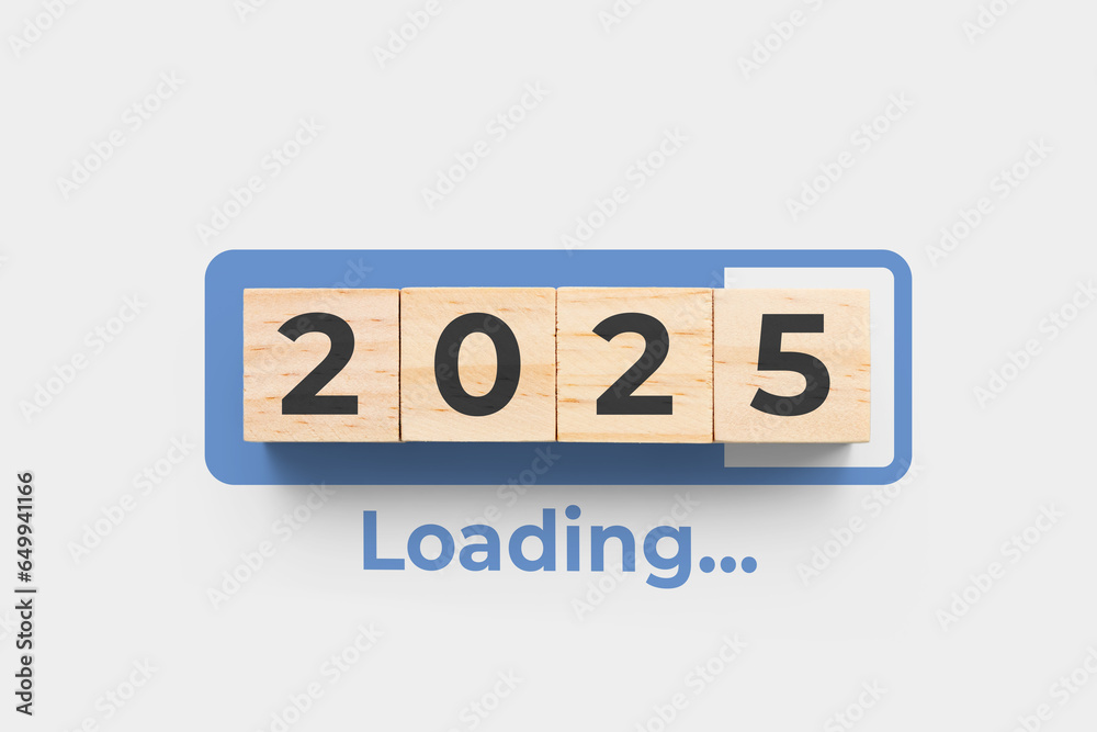 2025 wooden cubes on grey background with loading bar 2025 wooden cubes on grey background with loading bar