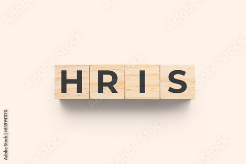 HRIS (Human Resources Information System) wooden cubes on beige background