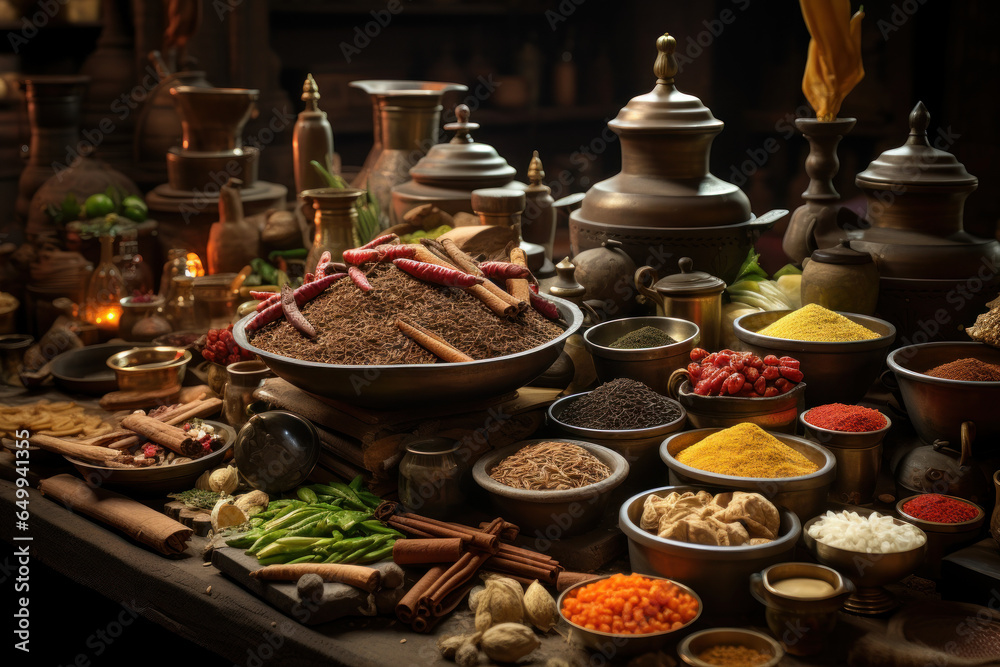 A traditional Indian kitchen with an array of spices and utensils, showcasing the complexity of Indian cuisine. Generative Ai.