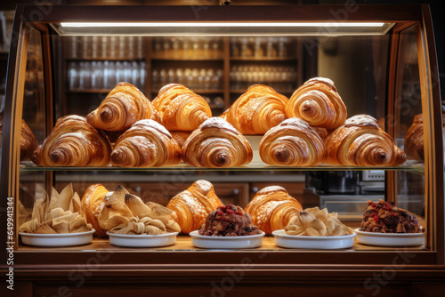 A French bakery display filled with freshly baked croissants and pastries, representing the love for baked goods in France. Generative Ai.