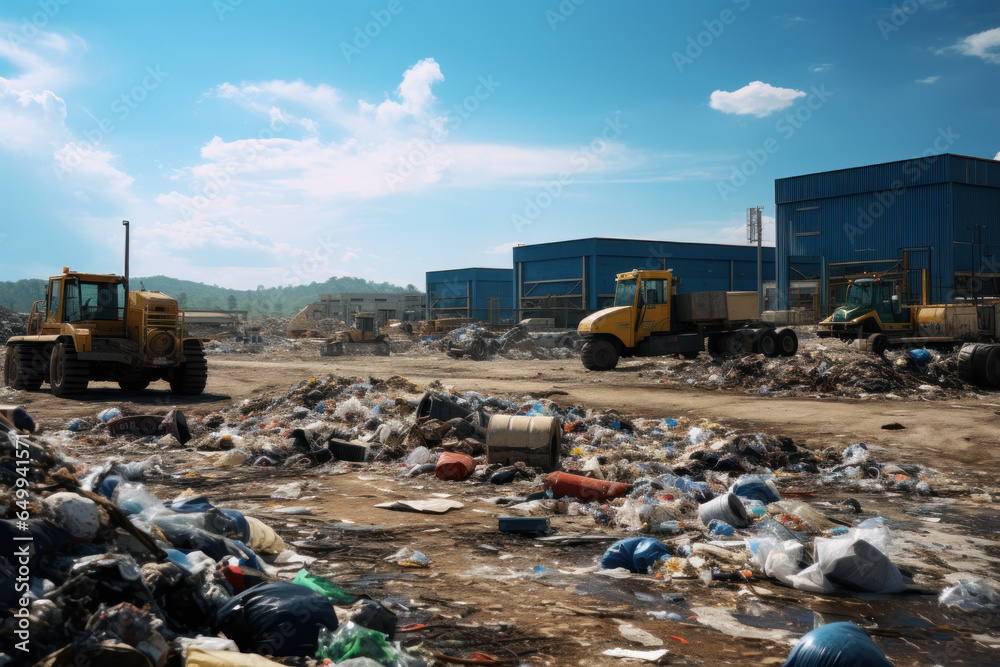 A recycling center processing materials for reuse, reducing landfill waste. Generative Ai.