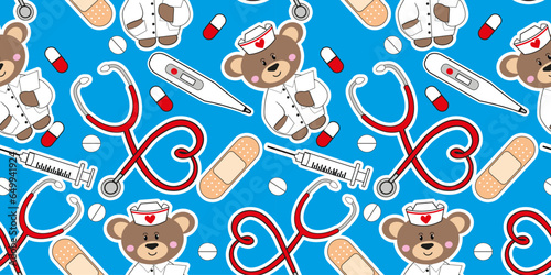 nurse doctor medical elements cartoon seamless background fabric textile