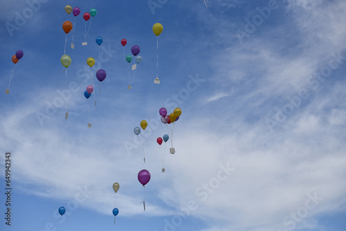 Flying colored balloons in the blue sky