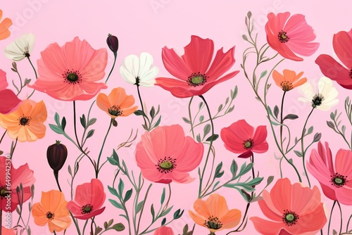 lively flowers on a pink background. Generative AI