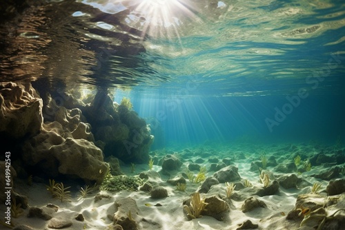 Sunlit underwater scene  sandy seabed Mediterranean sea  Spain. Generative AI