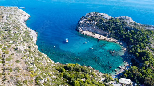 Ladiko beach and Anthony Quinn Bay aerial panoramic view in Rhodes island in Greece. Drone photography.