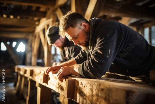 Skilled carpenters restoring the wooden beams of a heritage farmhouse. Generative Ai.