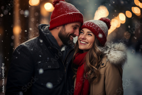 Festive Love: A Couple Embracing Christmas Magic Outdoors, Wearing Christmas Hats - Capturing Holiday Warmth and Romance