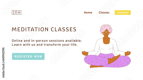 Meditation classes landing page design with senior woman character. Modern website home page background template.
