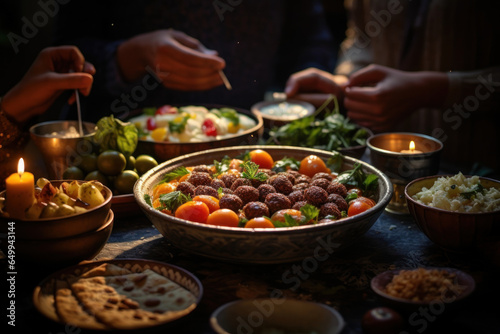 A Lebanese family sharing a meal of mezze, reinforcing the importance of communal dining in Middle Eastern culture. Generative Ai.