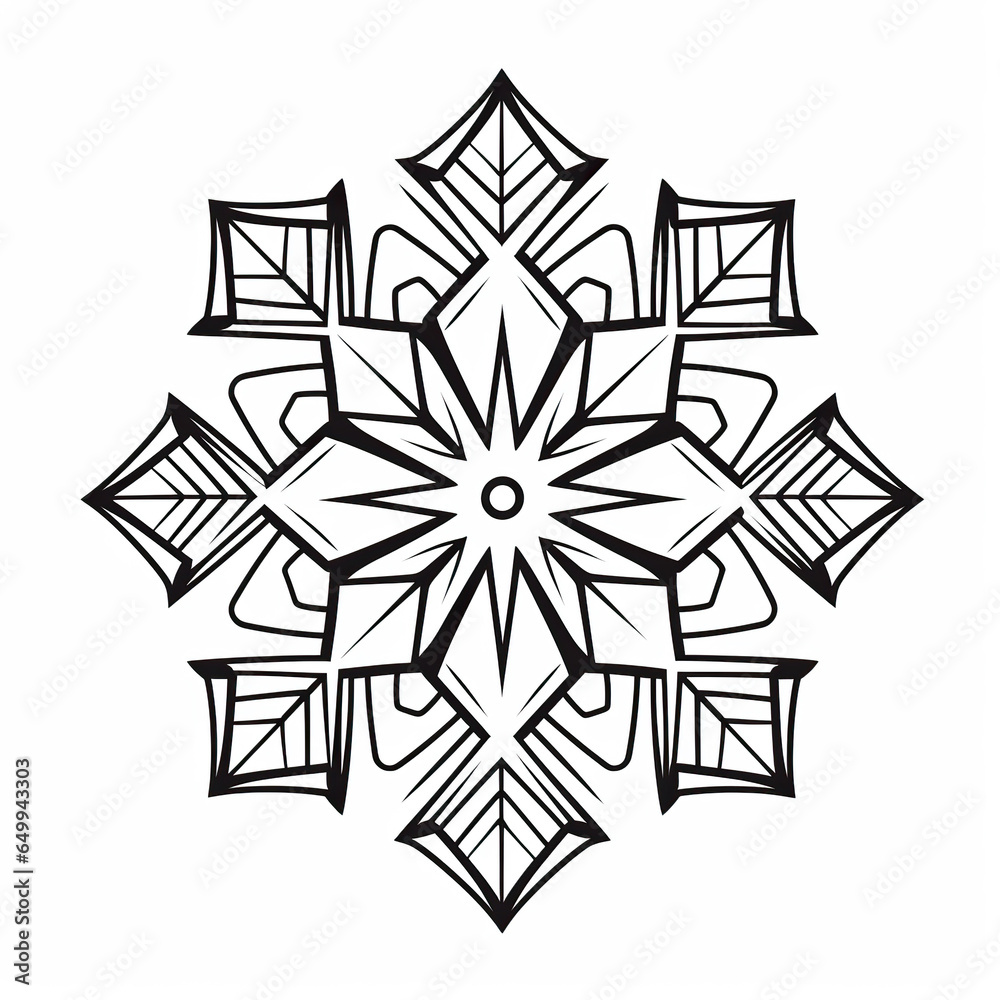 Snowflake for the winter season. Ink monochrome drawing. Free hand sketch illustration. Decorative snowball.