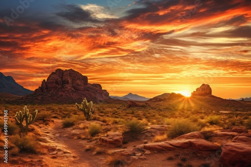 Serene Desert landscape near mountains. Nature sun. Generate Ai photo