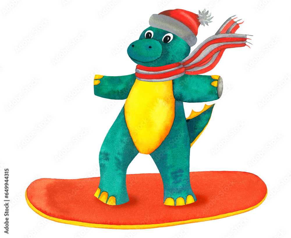 Obraz premium Cute child watercolour sport Dinosaur on red snowboard. Sports equipment. Hand drawn illustration isolated on white.