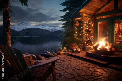 Image of a cozy Christmas campfire near a log cabin by a lake. Generative AI