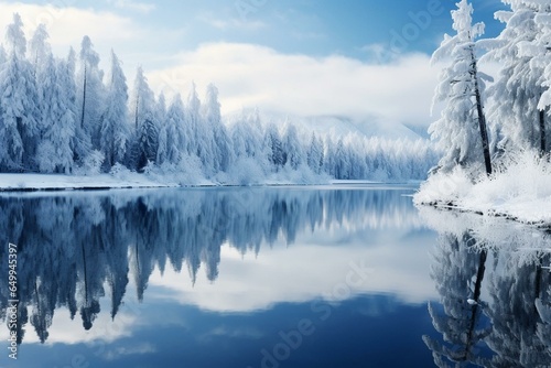 Scenic winter view with mesmerizing water reflection. Generative AI