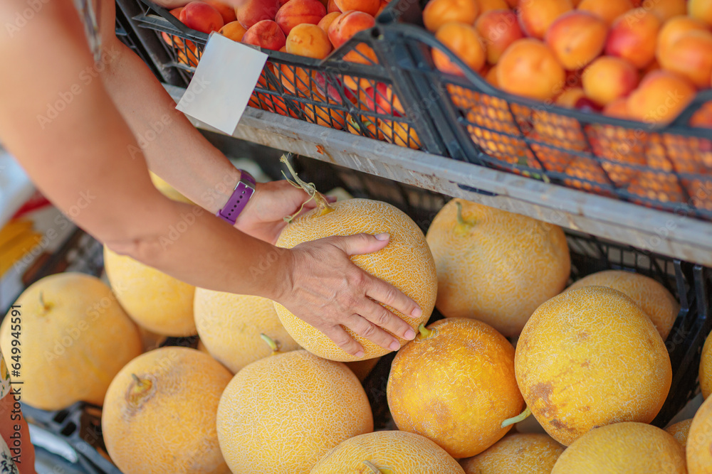 Mature woman choosing ripe melon in street shop in resort town. Summer healthy shopping in farm store