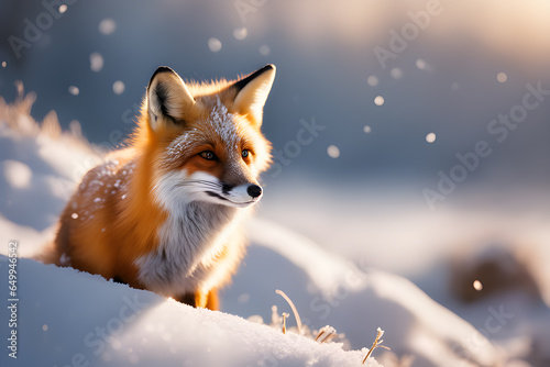 beautiful fox on a winter background with snow in backlight