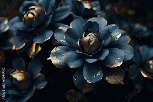 Luxurious, finely textured blue and gold flowers, painted in a dark and moody color.