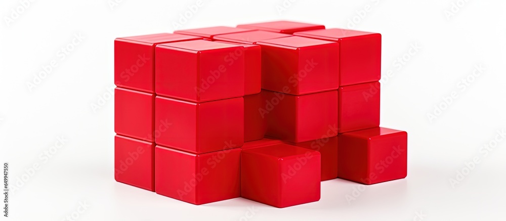 High quality a red plastic toy block isolated on white with children building brick in front