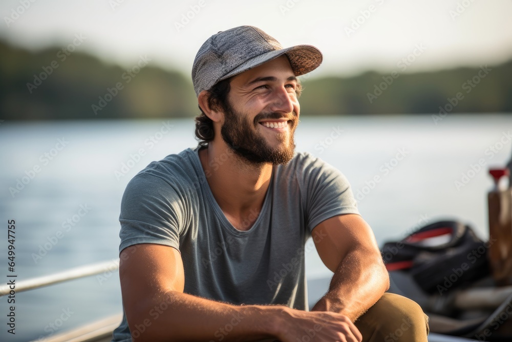 Handsome male fisherman near the lake