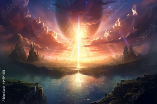 A radiant paradise where light emanates from an everlasting horizon, symbolizing a journey to unexplored realms. Generative AI