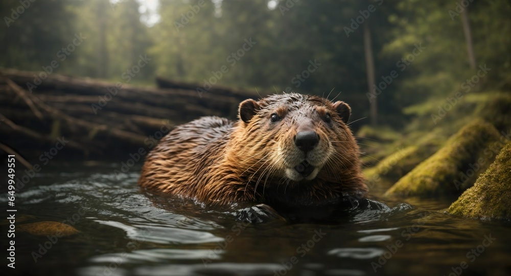 beaver swimming in front of a beaver dam in the river water in a forest. Generative AI. - obrazy, fototapety, plakaty 