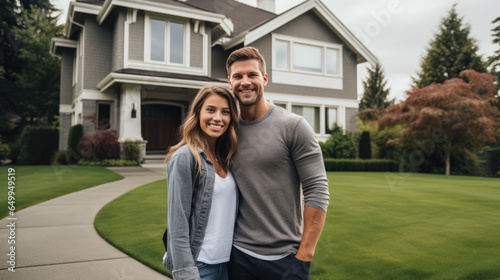 Joyful white couple in front of their spacious home and lawn, realizing homeownership dreams through mortgage goals. photo