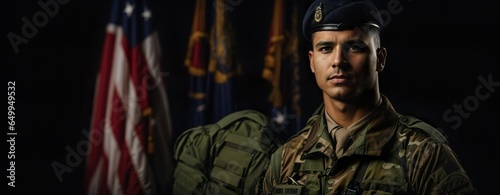Portrait of male American soldier in his combat uniform. US Soldier in front of black background with flags of the USA and US troops. Generative AI.