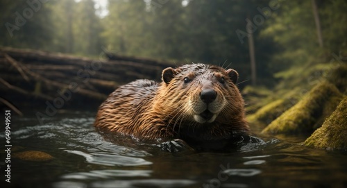 beaver swimming in front of a beaver dam in the river water in a forest. Generative AI. photo