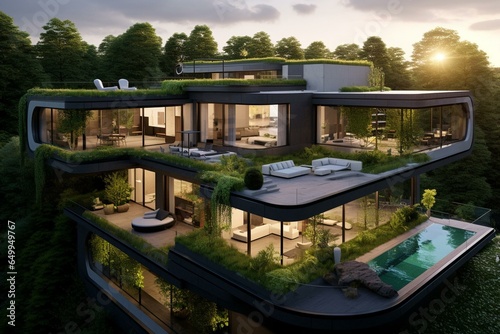 a blend of nature and technology: a sleek home with eco-friendly features and smart devices. Generative AI