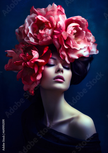 Brunette with red flowers in her hair on a dark conceptual background for frame