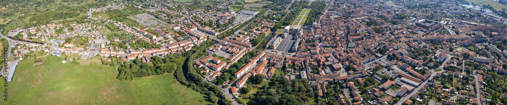 Aerial of the old town around the city Luneville in France on a sunny day in late summer.