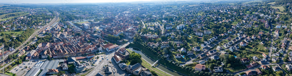  Aerial of the old town around the city Saverne in France on a sunny morning in late summer.