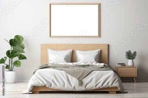Mockup with frame on white wall in bedroom with bed, plaid and plants. 3D rendering. Generative AI
