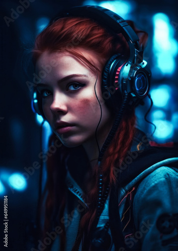 Redhead girl with cyberpunk style headphones on a background with conceptual lights for frame