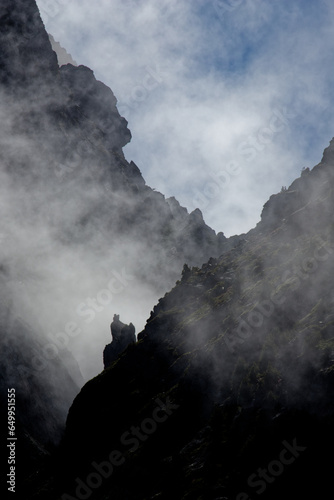 Clouds rise from the valley and surround the slopes and trees photo