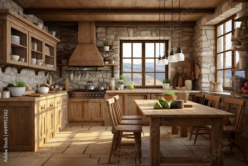 3D visualization of a kitchen frame in a rustic farmhouse interior. Generative AI © Delaney