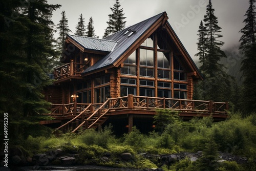 A secluded wooden retreat amidst Alaska's untamed nature. Generative AI © Kalila