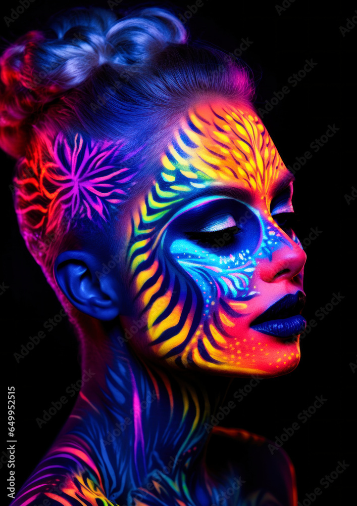 Woman with makeup in lines with neon colors on a dark conceptual background for photo frame